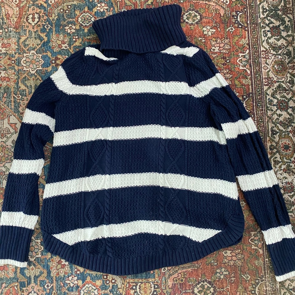 Blue and white turtleneck cableknit sweater